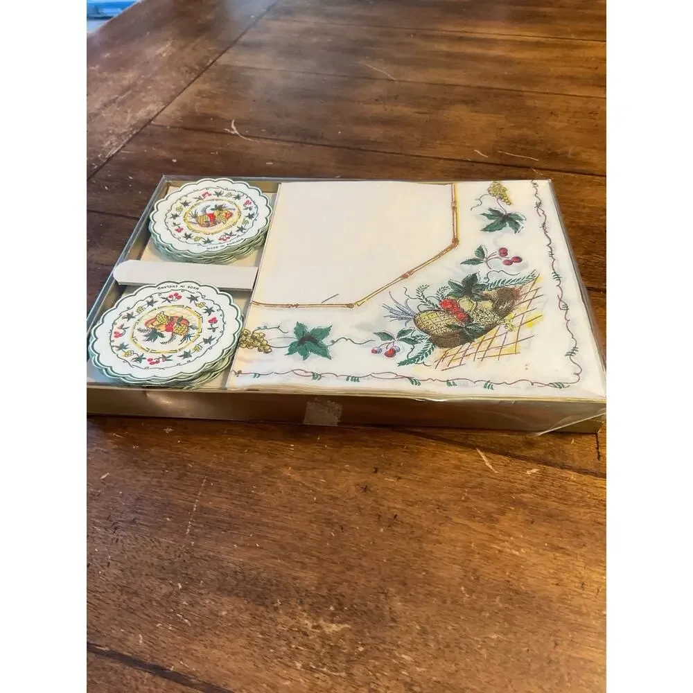 Napkins Coasters Freund Mayer Boxed Set 18 Harvest Motif England Fruit Vtg